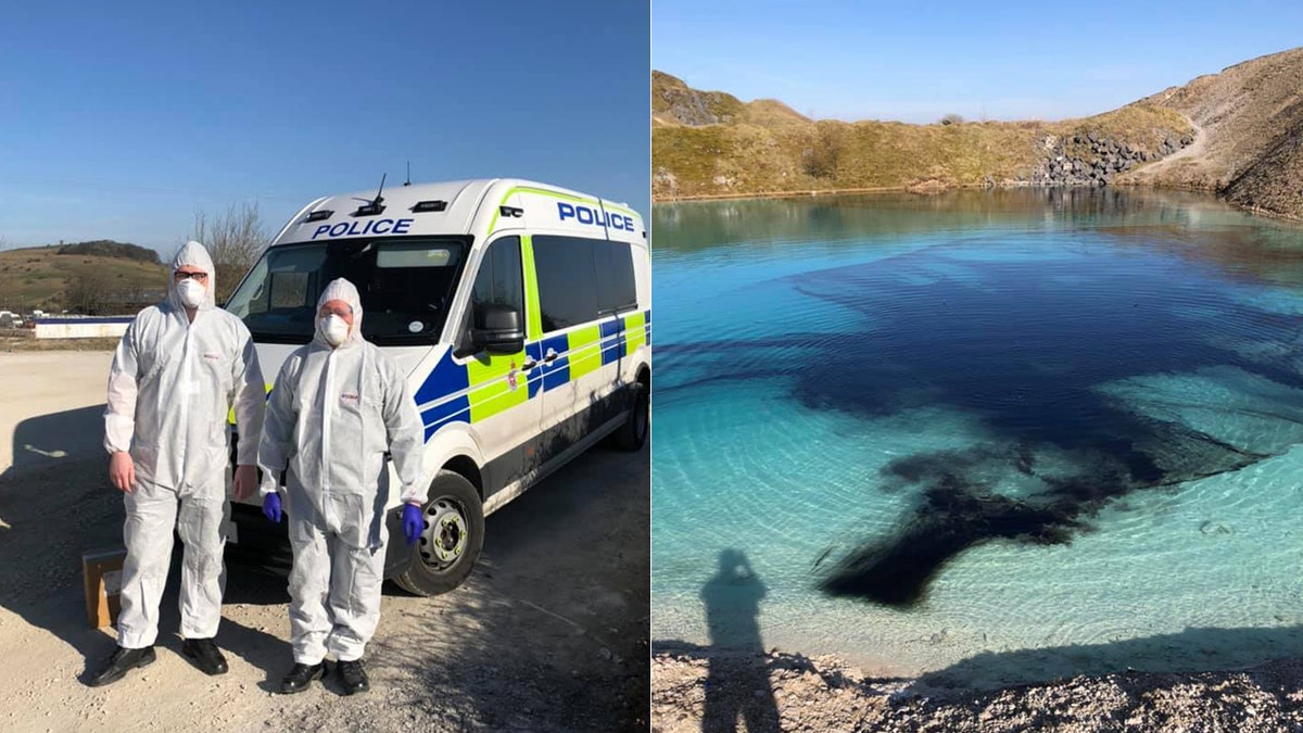 Police, wearing protective suits, have added black dye to this blue lagoon in England to deter people from gathering to take photos.