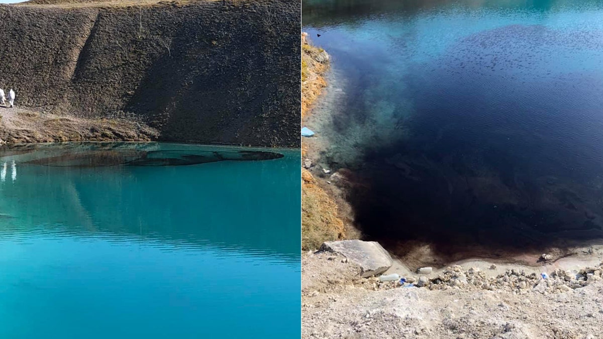 The black dye was added to the "blue lagoon" on Wednesday, to deter people from gathering to take photos.