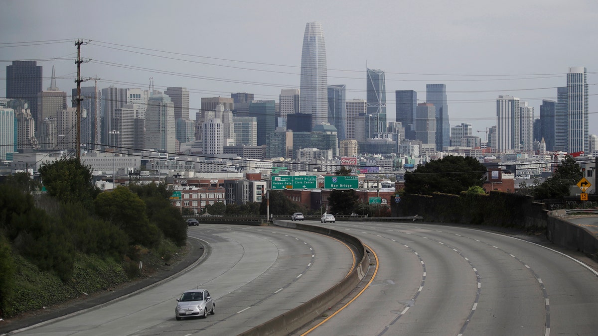 Light traffic is seen on Highway 101 in San Francisco, Sunday, March 29, 2020, amid coronavirus concerns.