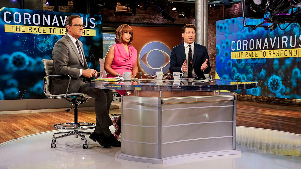 "CBS This Morning" hosts Anthony Mason, left, Gayle King and Tony Dokoupil reporting on the coronavirus, March 6, 2020. (Michele Crowe/CBS via AP)