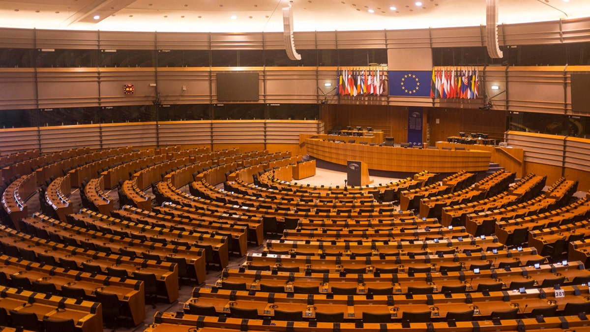 Brussels, Belgium - July 23, 2015: The Parliamentary hemicycle of Espace Léopold as it is open for visitors on July 23, 2015 in Brussels. The parliamental buildings can be visited for free.