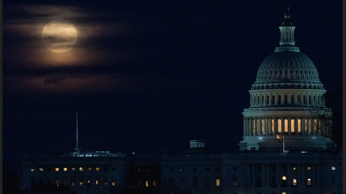 This supermoon is seen as it rose behind the U.S. Capitol, Monday, March 9, 2020, in Washington, DC. (NASA/Joel Kowsky)