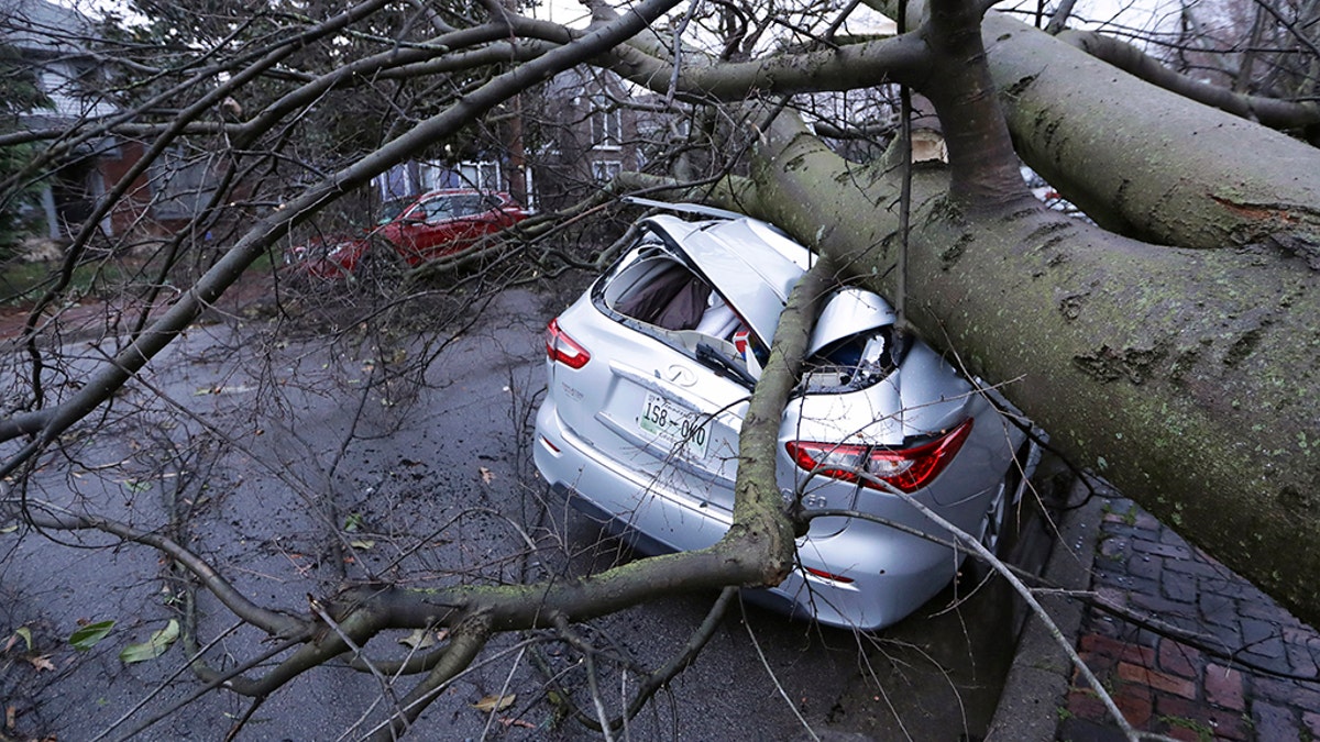 A car crushed by a tree sits on a street after a tornado touched down Tuesday, March 3, 2020, in Nashville, Tenn.