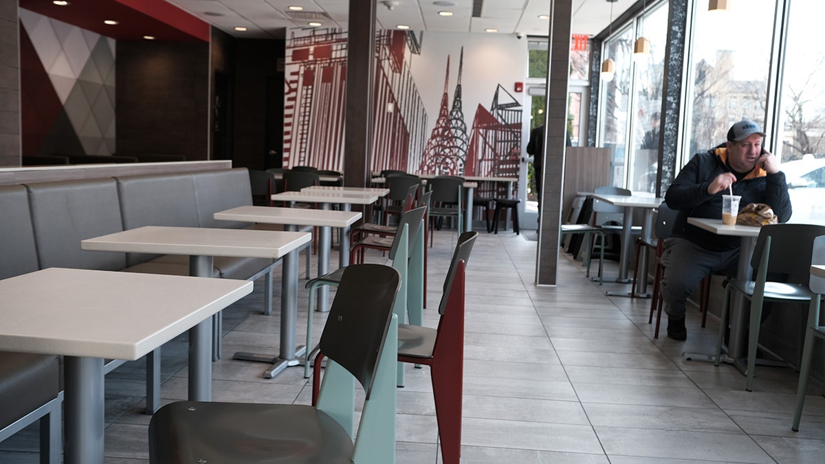 Empty streets, restaurants and cafes make up the business area in the one-mile containment zone on March 11, 2020 in New Rochelle, New York.