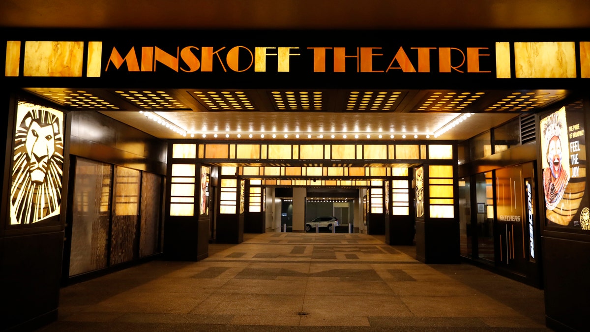 The Minskoff Theatre is shuttered Thursday, March 12, 2020, in New York, near Times Square after Broadway theaters closed following New York Gov. Andrew Cuomo's banning of gatherings of more than 500 people over concerns about the spread of the coronavirus. (AP Photo/Kathy Willens)