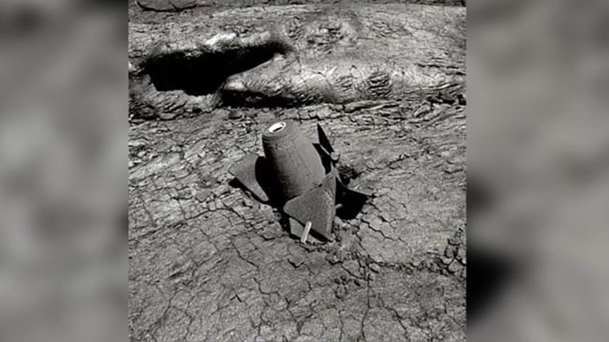 This pointer bomb was dropped into Mauna Loa volcano in 1935 and was photographed in 1977 by Hawaii Volcano Observatory's geologist Jack Lockwood in 1977. (Credit: Jack Lockwood/USGS)