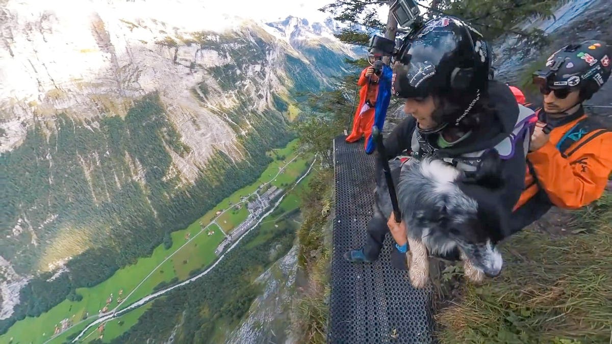 Friend and filmmaker Jokke Sommer, 33, recently recorded the pair plunging from a cliff in Lauterbrunnen, Switzerland.