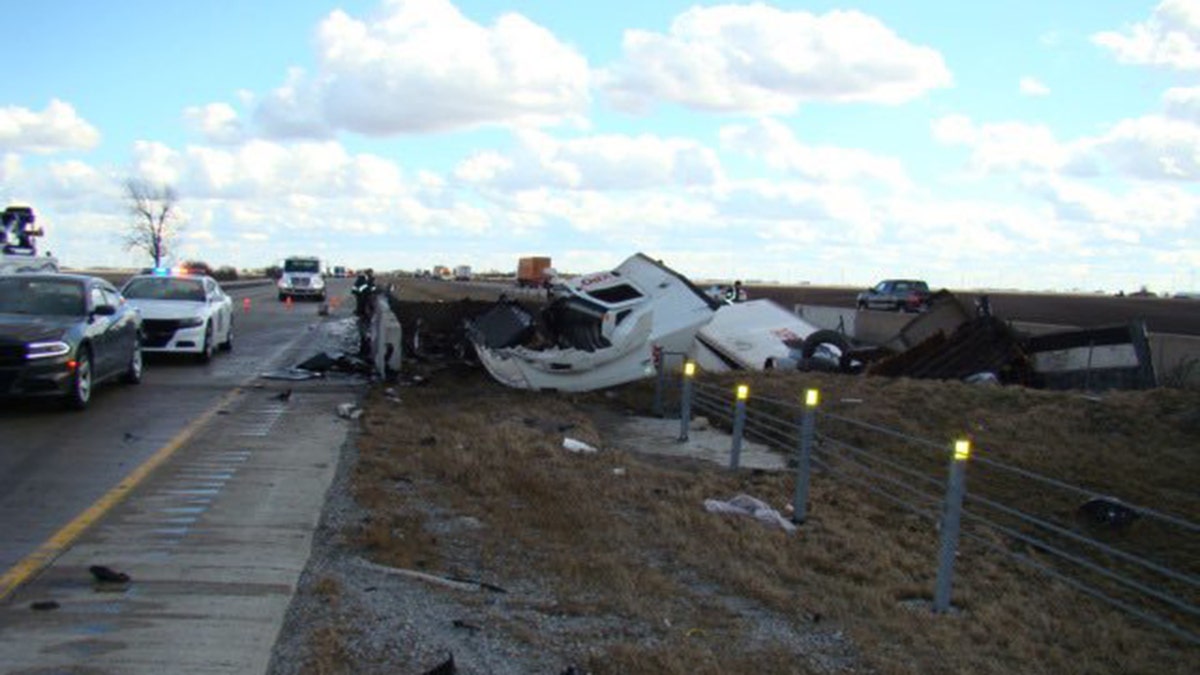 Gusty winds sent a trailer "airborne" on Tuesday, causing a series of crashes on Interstate 65 in Indiana.