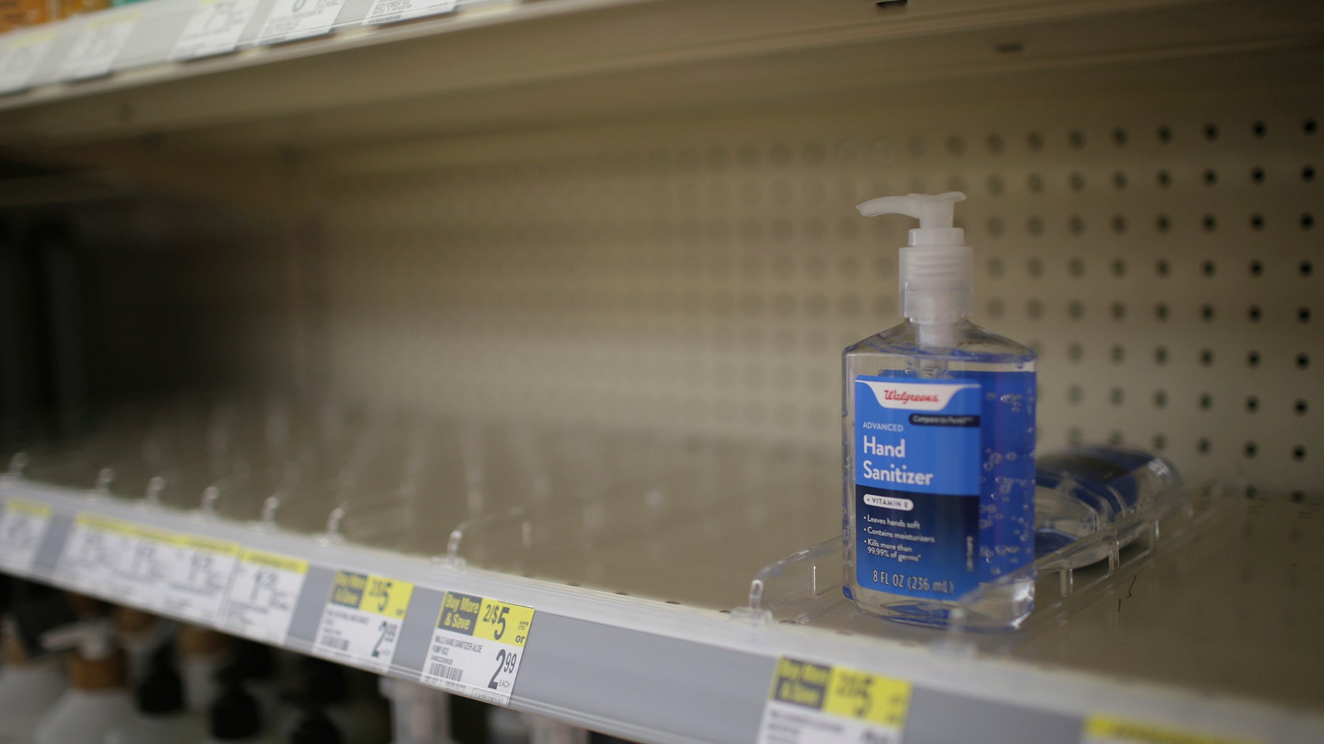 Rows of hand sanitizer are seen empty at a Walgreens in Idaho Falls, Idaho, Feb. 28, 2020.