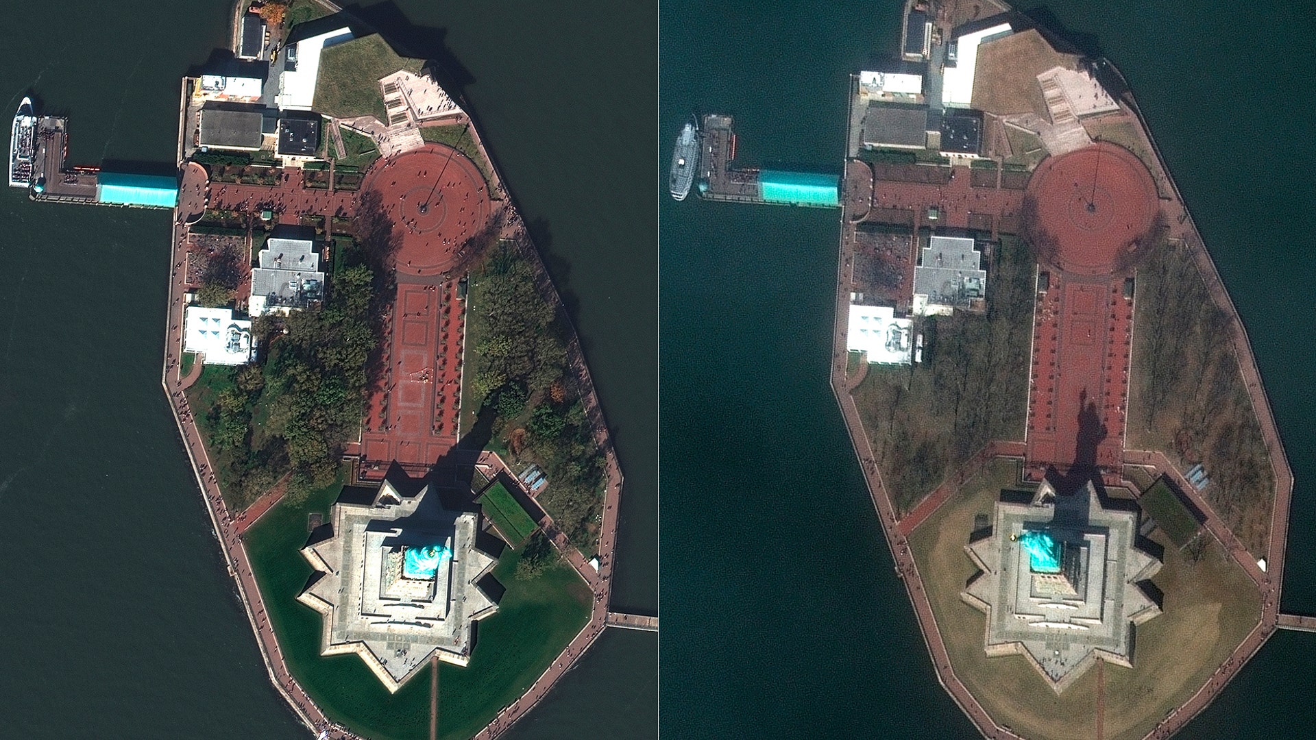 This combo of two satellite images shows people visiting the Statue of Liberty in New York on Nov. 4, 2019, left, and March 11, 2020.