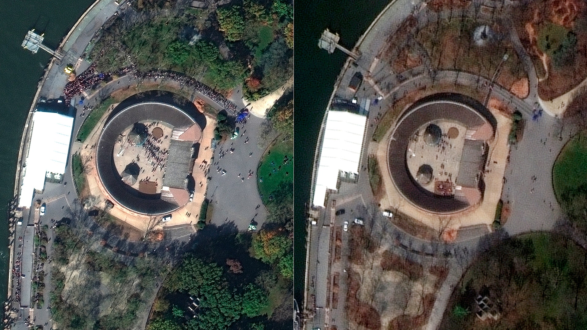 This combo of two satellite images shows people visiting Battery Park in New York, on Nov. 4, 2019, left, and March 11, 2020. 
