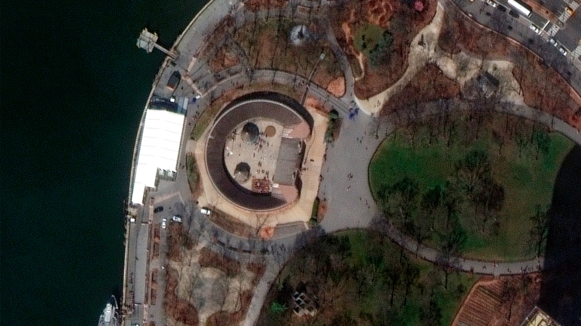 Satellite image provided by Maxar Technologies shows an aerial view of Battery Park in New York, Mar. 11, 2020.