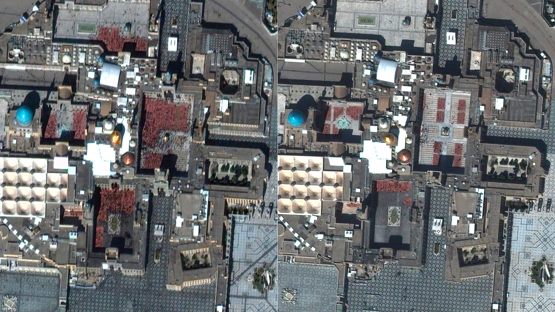 This combo of two satellite images shows people visiting the shrine of Imam Reza in Mashhad, Iran on Feb. 14, 2020, left, and March 12, 2020. 