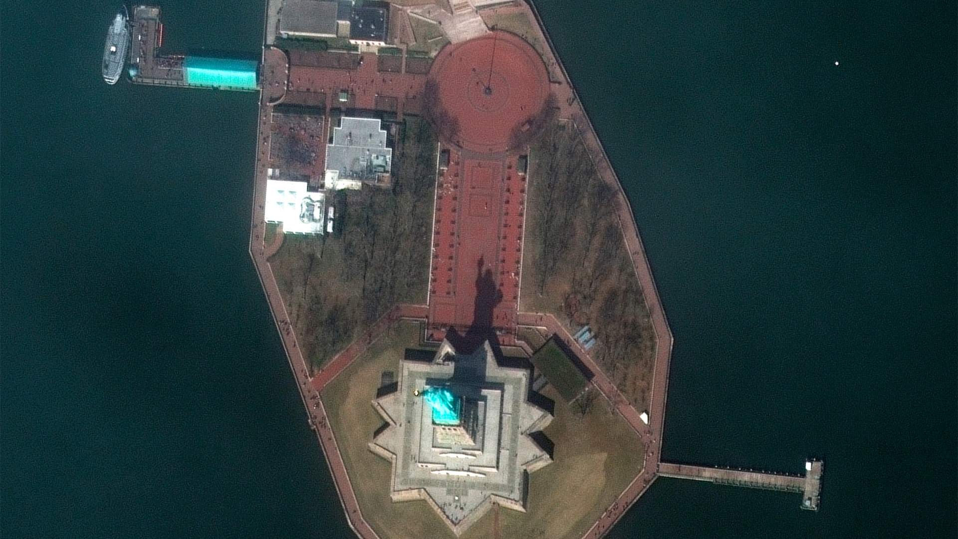 Satellite image provided by Maxar Technologies shows an aerial view of the Statue of Liberty in New York, March 11, 2020.