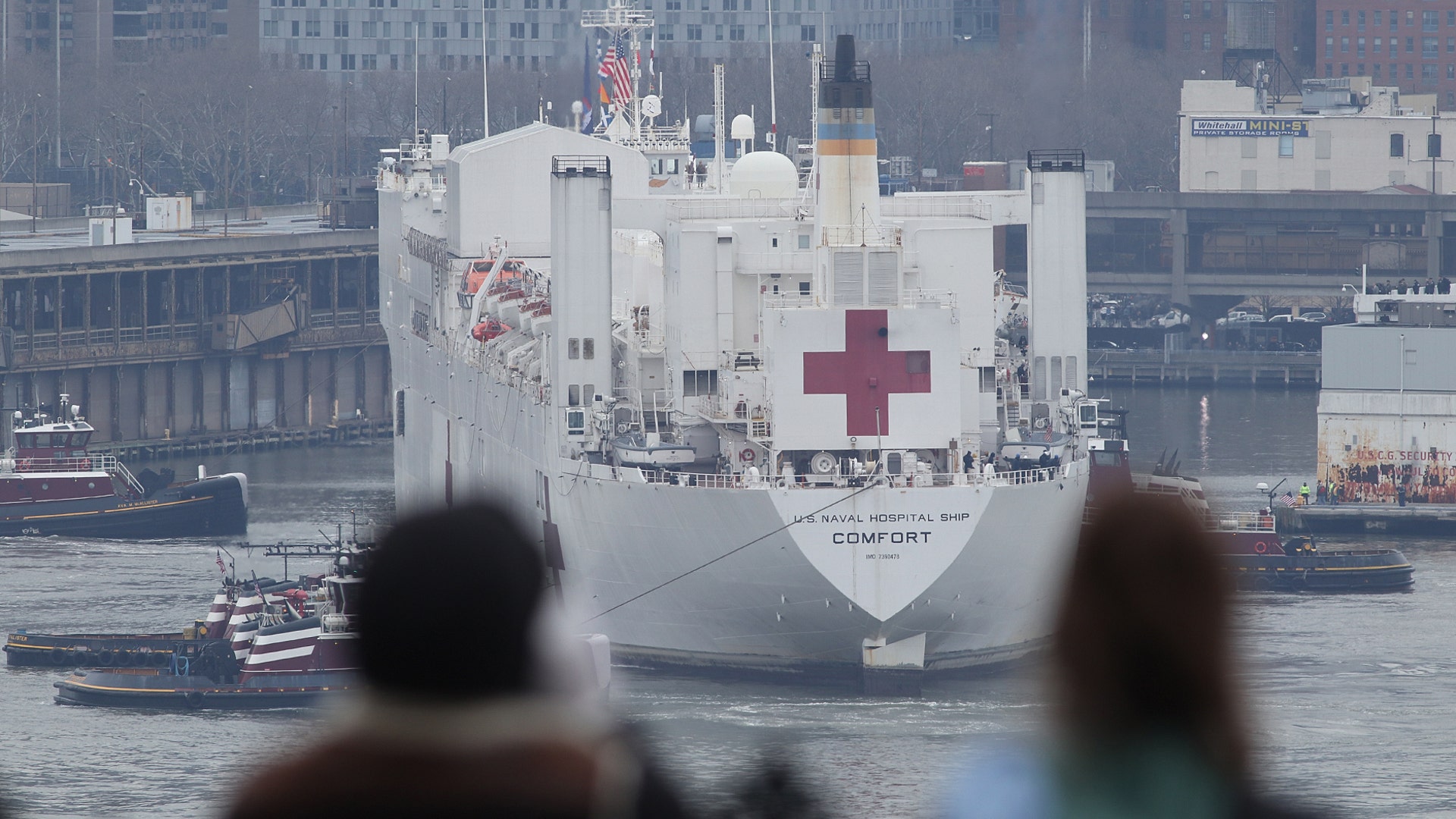The USNS Comfort docks at Pier 90 in New York City, March 30, 2020.