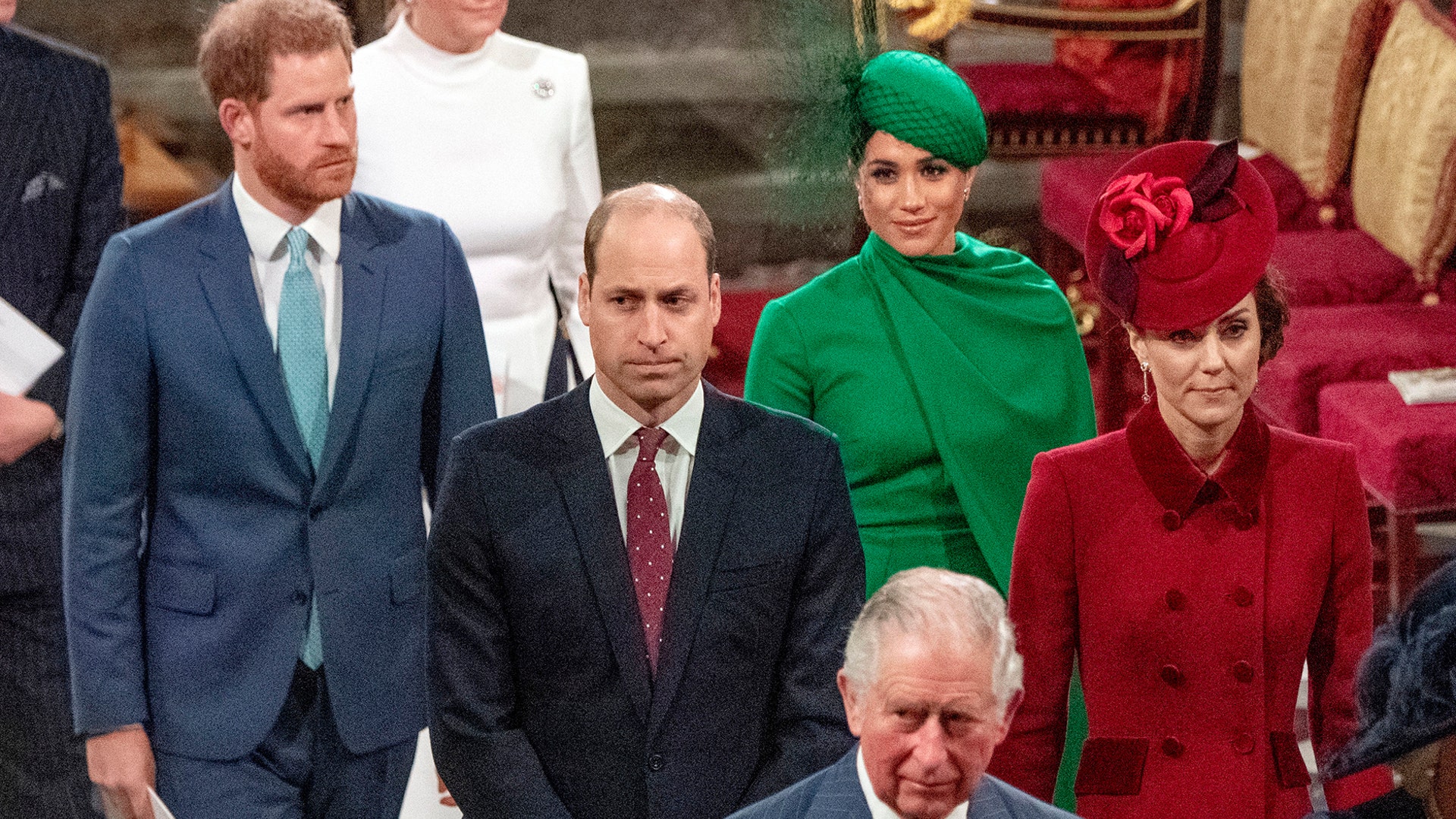 Britain's Prince Harry, Prince William, Meghan Duchess of Sussex and Kate, Duchess of Cambridge and Prince Charles leave the annual Commonwealth Service at Westminster Abbey in London, March 9, 2020. 