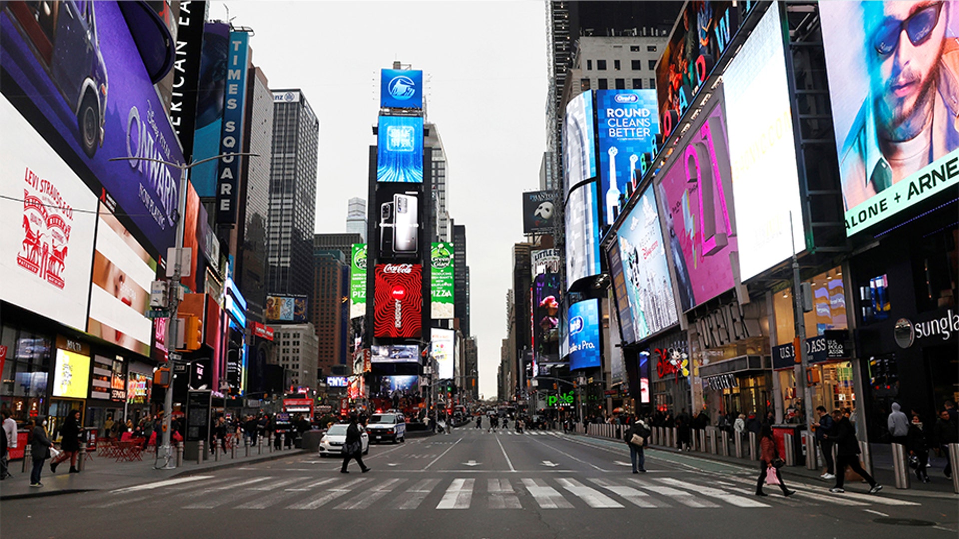 New York, New York: A nearly empty 7th Avenue in Times Square seen at rush hour after it was announced that Broadway shows will cancel performances.