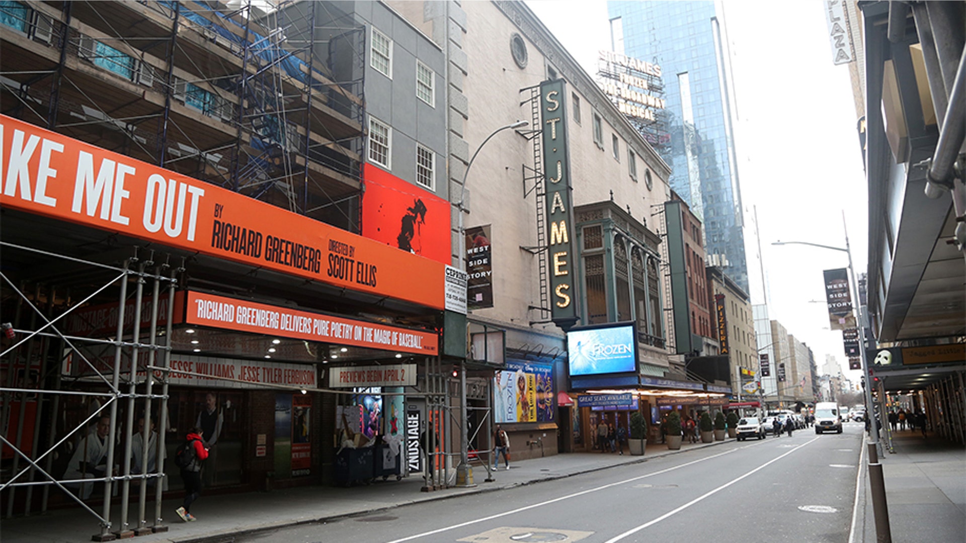 New York, New York: Broadway theatres are seen as they begin to shut down for 30 days.