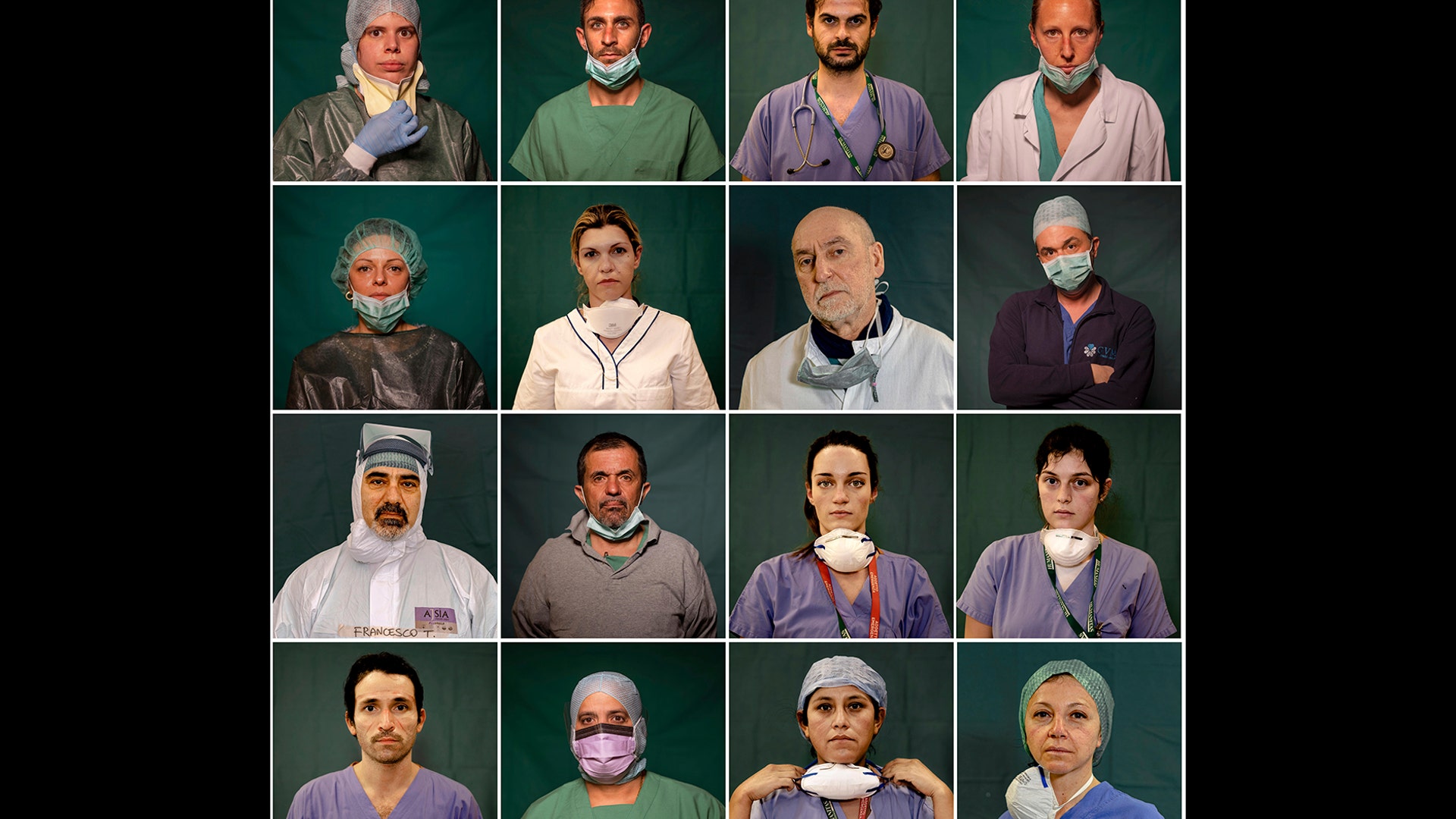 A combo of portraits of Italian doctors and nurses taken during a break or at the end of their shifts in Rome, Bergamo and Brescia, Italy, March 27, 2020.