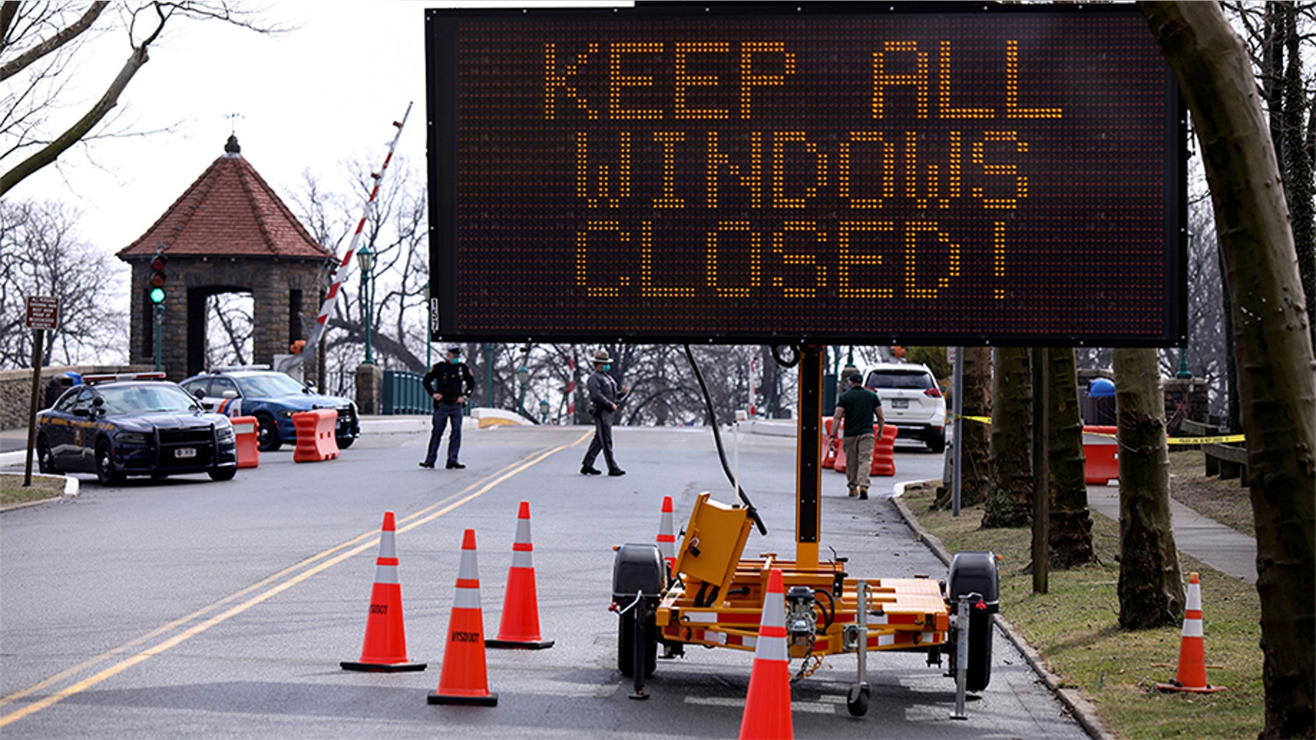 Police guard area where New York State's first drive-through coronavirus mobile testing center opened in New Rochelle, N.Y., March 13, 2020.