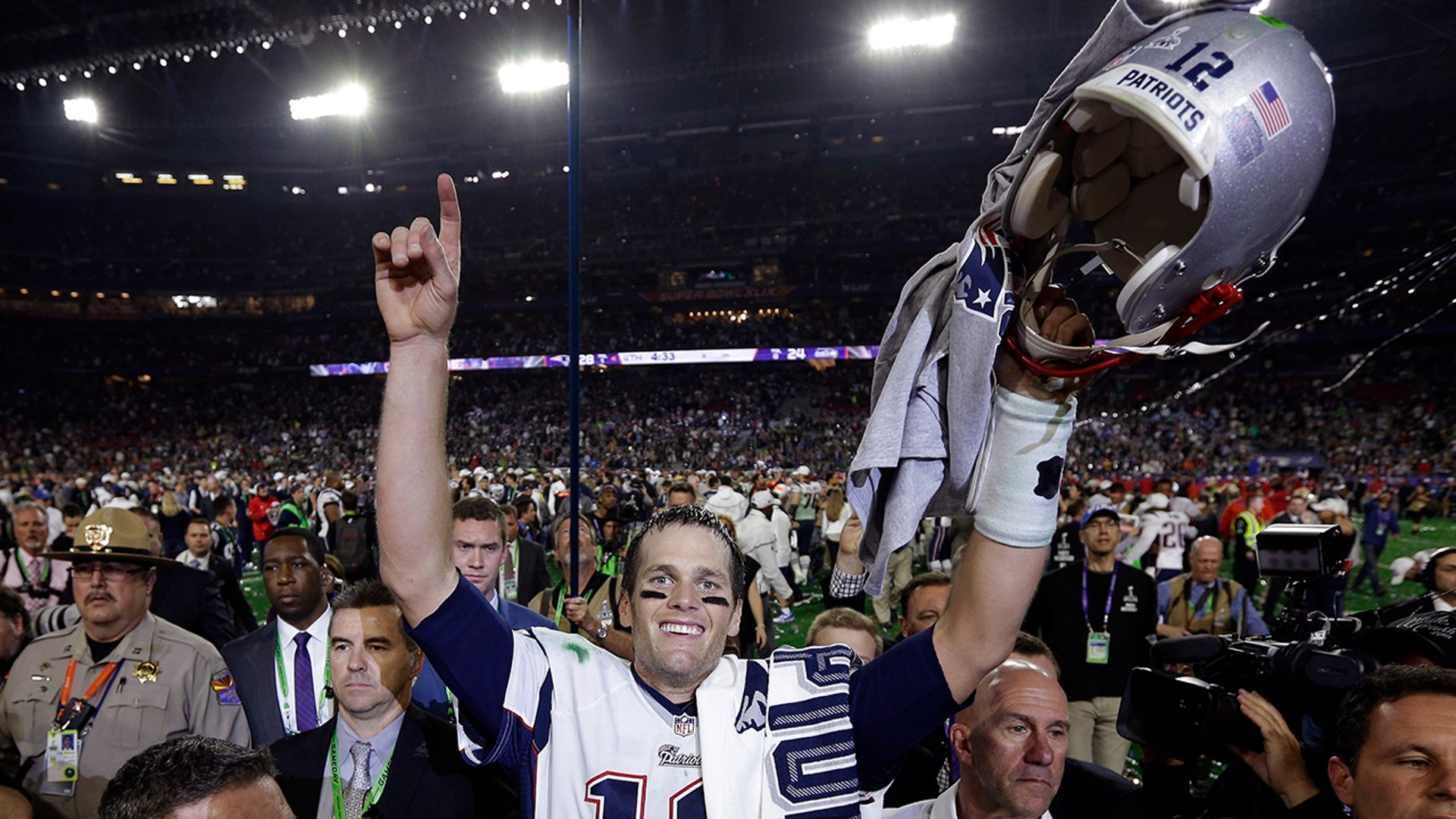 Tom Brady celebrates after the NFL Super Bowl XLIX football game against the Seattle Seahawks in Glendale, Ariz. Brady, the centerpiece of the New England Patriots’ championship dynasty over the past two decades, appears poised to leave the only football home he has ever had..