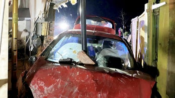 Driver on the run after crashing into home, having car impaled by pipe