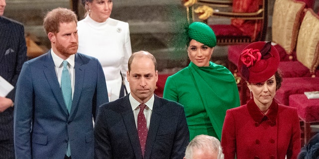 From left, Britain's Prince Harry, Prince William, Meghan Duchess of Sussex and Kate, Duchess of Cambridge leave the annual Commonwealth Service at Westminster Abbey in London Monday March 9, 2020.