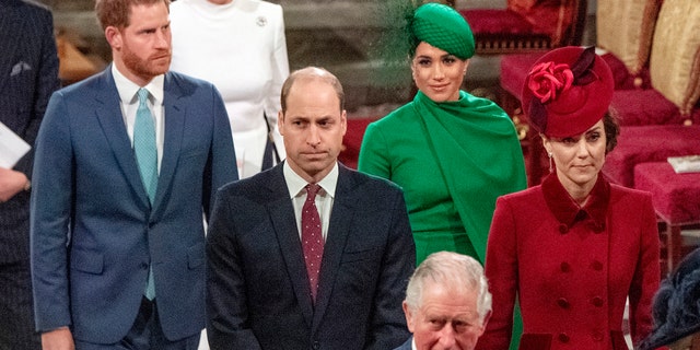 From left to right, Britain's Prince Harry, Prince William, Meghan Duchess of Sussex and Kate, Duchess of Cambridge leave the annual Commonwealth Service at Westminster Abbey in London on Monday March 9, 2020