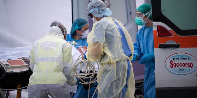 Samaritan's Purse received their first intensive care patients suffering from the COVID-19 virus at their field hospital set up in the parking lot of Cremona Hospital in Lombardy, Italy, on Saturday.