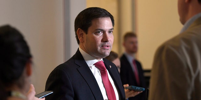 Sen. Marco Rubio, R-Fla., talks to reporters before attending a Republican policy lunch on Capitol Hill in Washington, Friday, March 20, 2020, to work on sweeping economic rescue plan amid the pandemic crisis and nationwide shutdown. (AP Photo/Susan Walsh)
