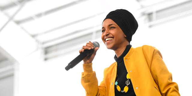 Rep. Ilhan Omar, D-Minn., speaks before introducing Democratic presidential candidate Sen. Bernie Sanders, I-Vt., at a campaign rally in Springfield, Va., Saturday, Feb. 29, 2020. (AP Photo/Susan Walsh)