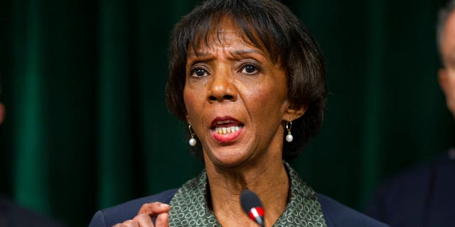 Los Angeles County District Attorney Jackie Lacey talks during a news conference at the Hall of Justice in Los Angeles. 