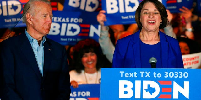 Sen. Amy Klobuchar, D-Minn., endorses Democratic presidential candidate former Vice President Joe Biden at a campaign rally Monday, March 2, 2020 in Dallas. (AP Photo/Richard W. Rodriguez)