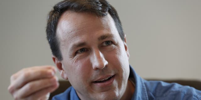 In this Monday, Jan. 27, 2020, file photo, Democratic U.S. Senate candidate Cal Cunningham speaks during an interview in Raleigh, N.C. (AP Photo/Gerry Broome, File)