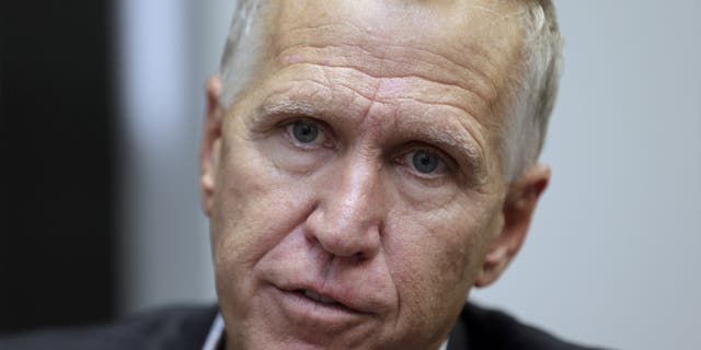 In this Monday, Sept. 30, 2019, photo, Sen. Thom Tillis responds to questions during an interview in Raleigh, N.C. North Carolina voters were deciding on Super Tuesday which Democrat they believe can unseat Sen. Thom Tillis and whether the current GOP lieutenant governor is the one best suited to oust Gov. Roy Cooper in the fall. (AP Photo/Gerry Broome)