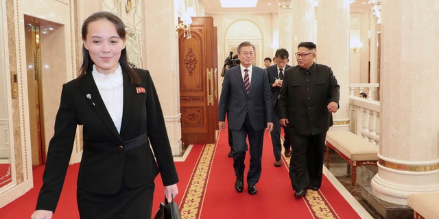 Kim Yo Jong, sister of North Korean Leader, walks ahead of South Korean President Moon Jae-in and North Koran leader Kim Jong Un in 2018. In her first known official statement on Tuesday Kim's younger sister leveled diatribes and insults against rival South Korea for protesting her country's latest live-fire exercises. (Pyongyang Press Corps Pool via AP, File)