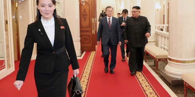 Kim Yo Jong, sister of North Korean Leader, walks ahead of South Korean President Moon Jae-in and North Koran leader Kim Jong Un in 2018. In her first known official statement on Tuesday Kim's younger sister leveled diatribes and insults against rival South Korea for protesting her country's latest live-fire exercises. (Pyongyang Press Corps Pool via AP, File)