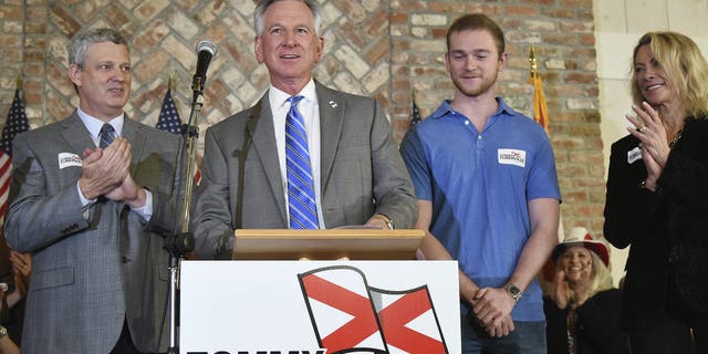 Alabama U.S. Senate candidate Tommy Tuberville speaks to his supporters at Auburn Oaks Farm in Notasulga, Ala., Monday, March 3, 2020. He is in a close battle with Jeff Sessions and Bradley Byrne. (Joe Songer/AL.com. via AP)