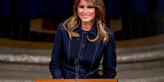 First lady Melania Trump speaks at the Department of Justice in Washington in an undated photo. (Associated Press)