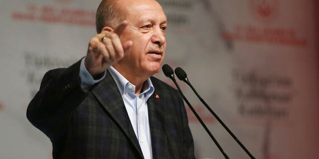 Turkey's President Recep Tayyip Erdogan speaks during a meeting marking the International Women's Day, in Istanbul, Sunday, March 8, 2020.