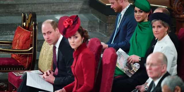 Britain's Prince William and Kate Duchess of Cambridge, front, with Prince Harry and Meghan Duchess of Sussex, behind, attend the annual Commonwealth Service at Westminster Abbey in London Monday, March 9, 2020. Britain's Queen Elizabeth II and other members of the royal family along with various government leaders and guests are attending the annual Commonwealth Day service, the largest annual inter-faith gathering in the United Kingdom.