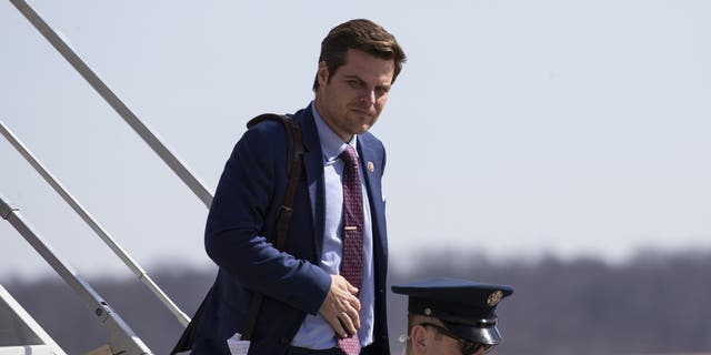 Gaetz steps off Air Force One upon arrival, March 9, 2020, at Andrews Air Force Base, Md. (AP Photo/Alex Brandon)