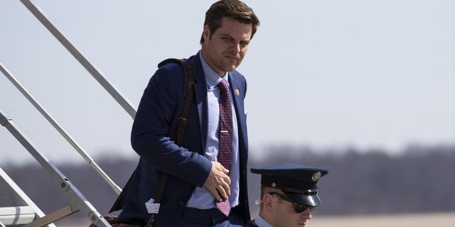 Rep. Matt Gaetz, R-Fla., steps off Air Force One upon arrival Monday, March 9, 2020, at Andrews Air Force Base, Md. (AP Photo/Alex Brandon)