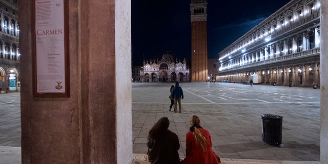A view of St. Mark's Square in Venice, Italy, Monday, March 9, 2020. Italian Premier Giuseppe Conte says he is restricting travel nationwide to try to stop the spread of the new coronavirus. (Anteo Marinoni/LaPresse via AP)