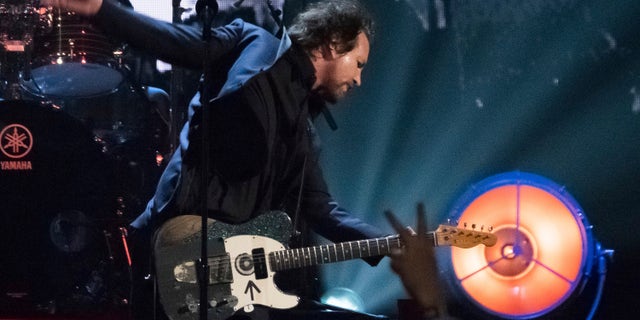 Eddie Vedder from the band Pearl Jam performs at the Rock and Roll Hall of Fame induction ceremony at the Barclays Center in New York on April 7, 2017.