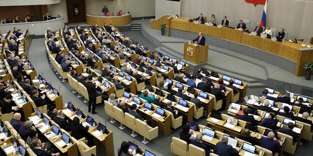 La Duma Estatal Rusa, la Cámara Baja del Parlamento Ruso en Moscú.  (Foto AP/Pavel Golovkin)