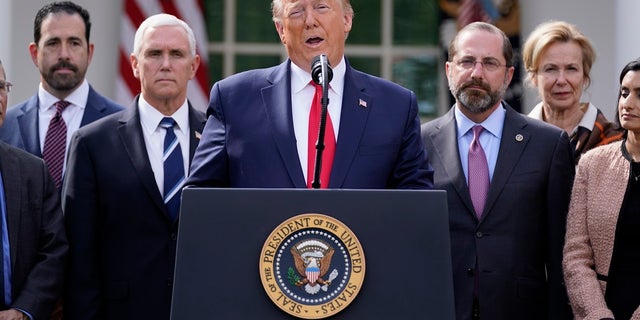 President Donald Trump speaks during a news conference about the coronavirus in the Rose Garden of the White House on Friday. Shortly after, he tweeted that he has declared Sunday, March 15 a National Day of Prayer. (AP Photo/Evan Vucci)