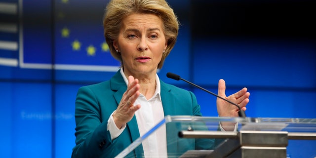 European Commission President Ursula von der Leyen addresses the media after a video-conference with G7 leaders at the European Council building in Brussels, Monday, March 16, 2020.