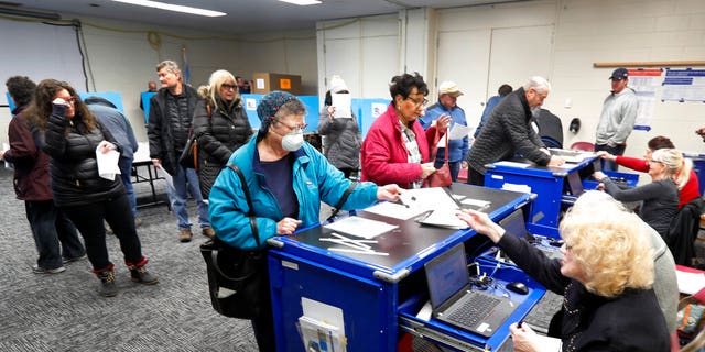 Chicago residents line up for early voting at the Roden Library Monday, March 16, 2020, in Chicago. (AP Photo/Charles Rex Arbogast)