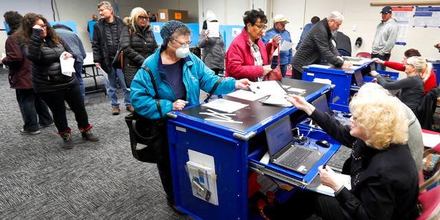 Chicago residents line up for early voting at the Roden Library Monday, March 16, 2020, in Chicago. (AP Photo/Charles Rex Arbogast)